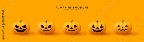 Halloween Set of pumpkin for holiday. Realistic 3d orange pumpkins with cut scary good joy smile. Collection of 3d objects. Design elements isolated on orange background. Vector illustration