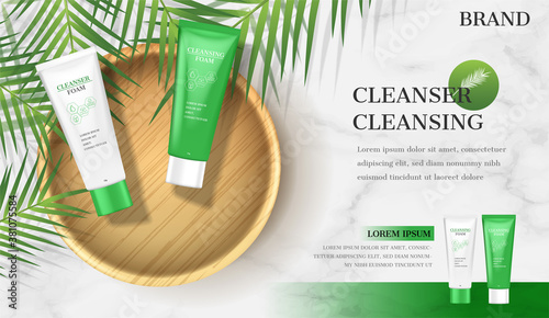 Facial foam ads. Cleansing lotion on plate with coconut