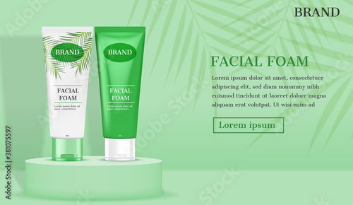 Facial foam on stand with green leaves background