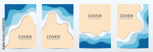Set of covers, brochure, flyer template design with beach origami