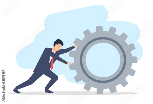 A young man in a suit, a businessman is rolling a big gear. The concept of labor and responsibility. Vector illustration