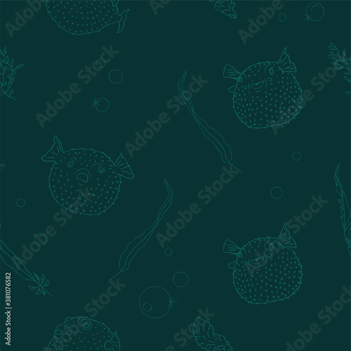 cartoon blowfish on dark green background seamless pattern, hand drawn thin lines silhouettes, editable vector illustration