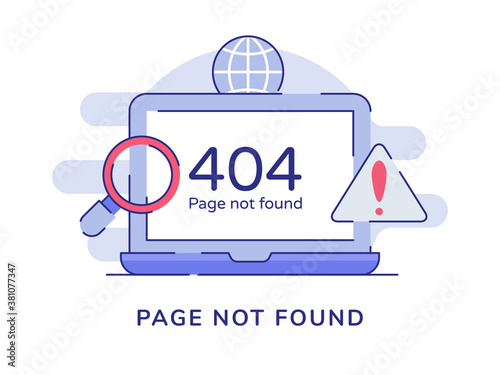Page not found warning 404 number on display laptop screen white isolated background with flat outline style