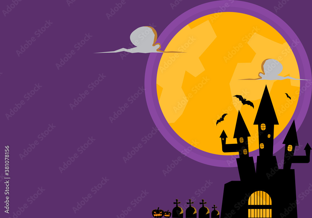 Halloween background. Haunted castle among cemeteries on a full moon night. There is a copy space for Insert letters