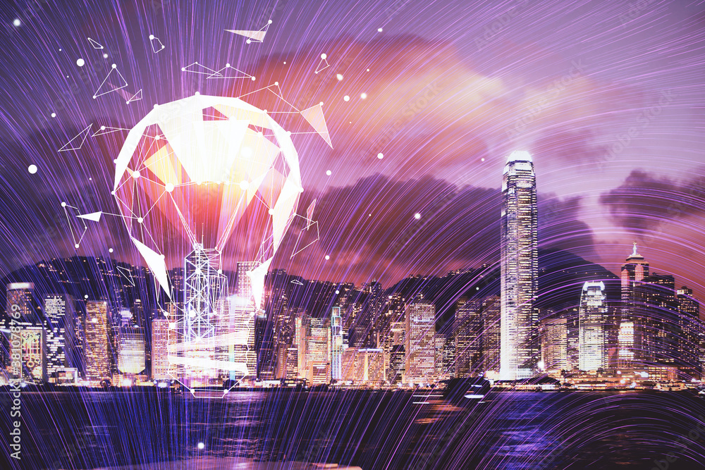 Multi exposure of bulb hologram drawing and cityscape background. Concept of idea. - obrazy, fototapety, plakaty 