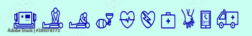 set of CPR and medical cartoon icon design template with various models. vector illustration isolated on blue background