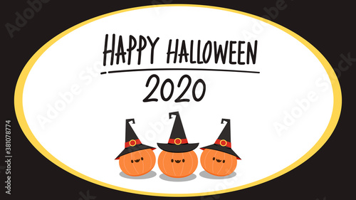 Halloween poster design 2020. Happy Halloween day wallpaper. Halloween pumpkin wearing a witch hat.