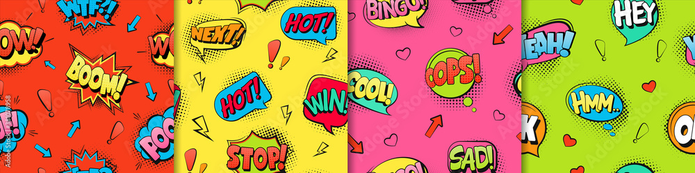 Comic text seamless pattern. Red retro cartoon style with blue phrases explosive fun in green vintage funny orange bursts of superhero shouts explosive words vector purple frame.