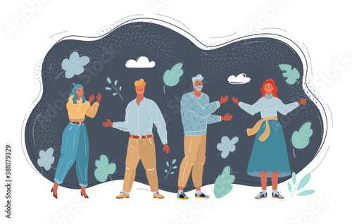 Vector illustration of group of creative people. Group of business people standing together on dark background.