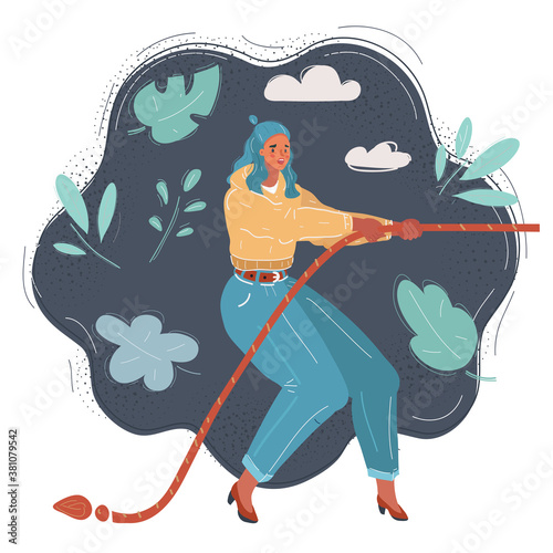 Vector illustration of woman who play gtug of war game. Female character on dark background.