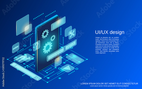 UI/UX design, graphic user interface construction, application development flat isometric vector concept illustration