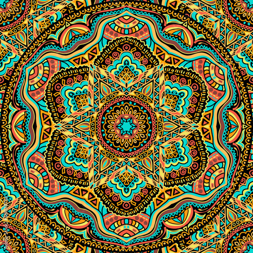 Seamless Abstract festive colorful mandala ethnic tribal pattern. African, mexican motif.  Background template for card, web design, wallpaper, cover, textile. Vector illustration.