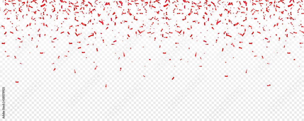 Christmas, Valentines day red confetti on transparent background. Falling shiny glitter. Festive party design elements. - obrazy, fototapety, plakaty 