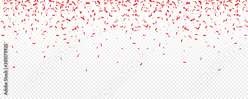 Christmas  Valentines day red confetti on transparent background. Falling shiny glitter. Festive party design elements.