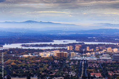 Canberra City growing in front of the Brindabella Mountains