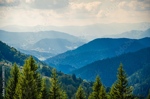 gorgeous mountains image, magnificent alandscape in the Carpathians, morning sunlight on the slope of mountain, Europe travel, west Ukraine, Europe