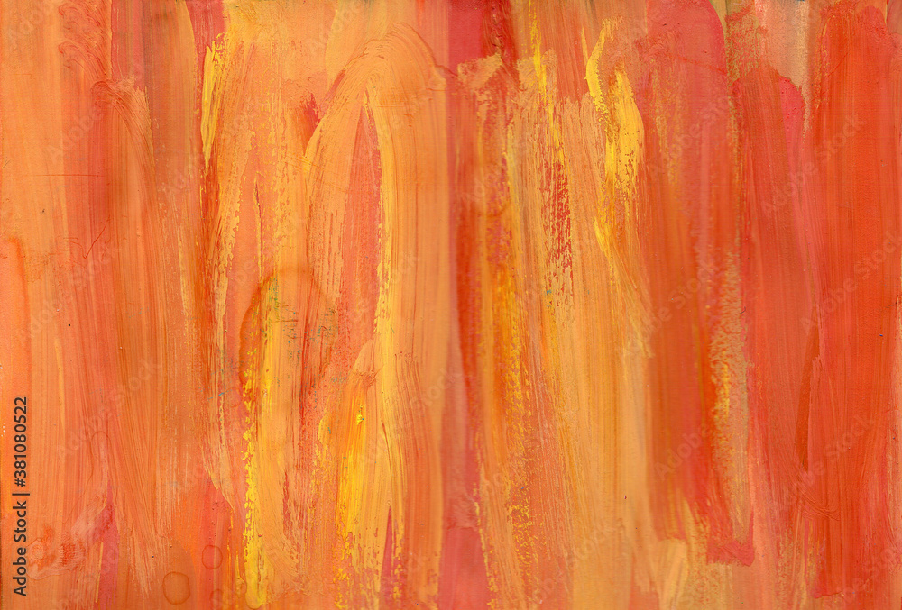 Hand drawn red, orange and yellow texture. Artistic paper. Grunge style. Gouache and watercolor paint. Paint soaked craft texture. Wooden texture. For background, cover, packaging, design element.