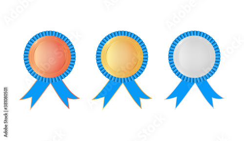 Gold, silver and bronze medals with arms and blue ribbons. Award rosette with ribbon. Medals for 1st, 2nd, 3nd place. Champion reward. Stock vector illustration on white isolated background.