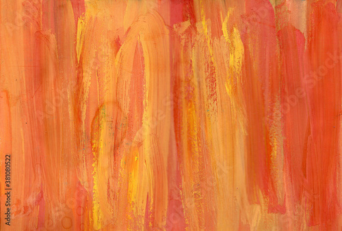 Hand drawn red, orange and yellow texture. Artistic paper. Grunge style. Gouache and watercolor paint. Paint soaked craft texture. Wooden texture. For background, cover, packaging, design element.