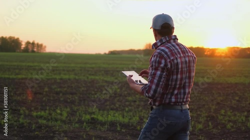 Wallpaper Mural Male farmer man using laptop computer, checking quality of organic vegetables growing green field of wheat at sunset spring, Farming Agriculture harvesting food technologies ground concept 4 K slow-mo Torontodigital.ca