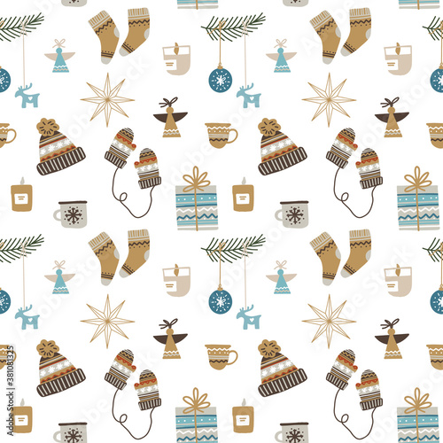 Seamless Christmas pattern with decorative ornaments, socks, mittens and hats