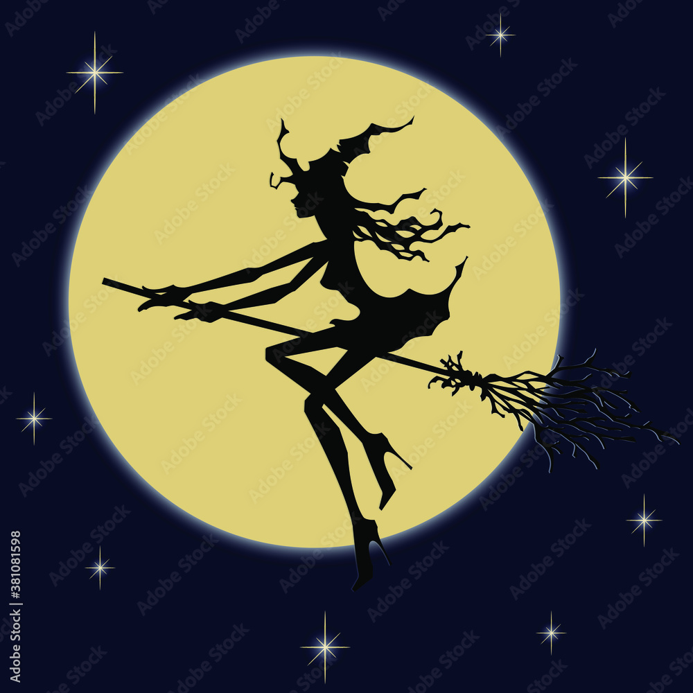 Vector halloween set : pretty young witch flying on the broom in deep blue night sky with big shining moon and stars. Element for design holiday card or poster Vector halloween set : pretty young witch flying on the broom in deep blue night sky with big shining moon and stars. Element for design holiday card or poster