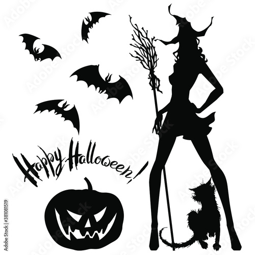 Vector halloween set : black on white silhouettes of young pretty witch with hat and broom , cat, smiling pumpkin Jack-o-lantern, flying bats and hand written lettering. For card or poster.