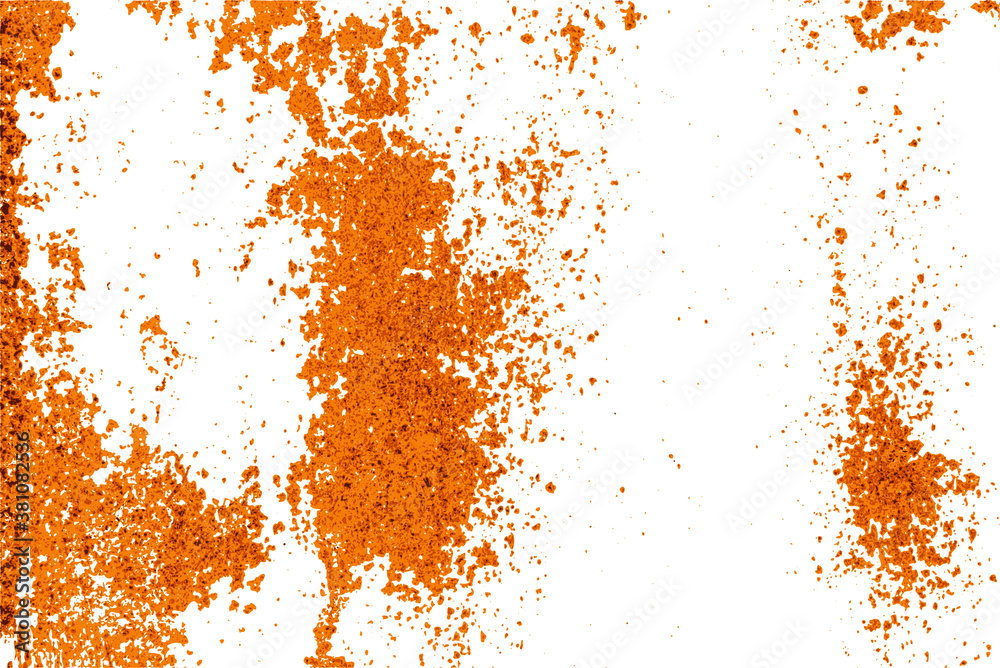 Colorful rusty metal overlay for design. Attrition. Corrosion. Oxidation. Isolated brawn-orange stains on damaged painted metal surface. Vector EPS10.
