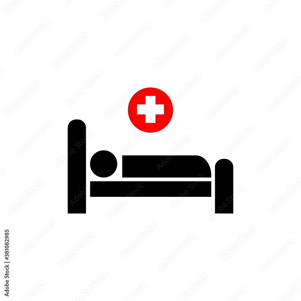 Hospital icon, black isolated icon with red medical cross and person in bed symbols, vector illustration.