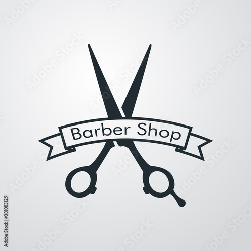 Logotipo con texto Barber Shop escrito en cinta lineal con tijeras de peluquero en fondo gris