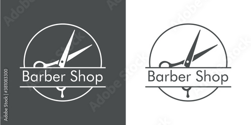 Logotipo con texto Barber Shop con tijeras de peluquero en círculo lineal en fondo gris y fondo blanco