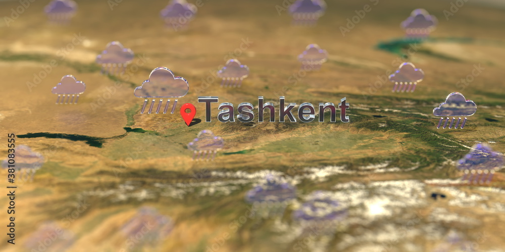 Rainy weather icons near Tashkent city on the map, weather forecast related 3D rendering Rainy weather icons near Tashkent city on the map, weather forecast related 3D rendering
