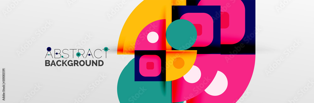 Bright color circles, abstract round shapes and triangles composition with shadow effects. Vector modern geometric design template Bright color circles, abstract round shapes and triangles composition with shadow effects. Vector modern geometric design template