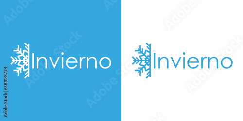 Logotipo con texto invierno en español con copo de nieve en fondo azul y fondo blanco