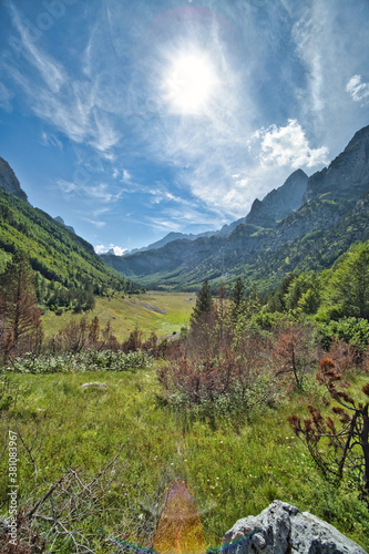 Panorama of the Ropojana valley in the Prokletije National Park. Ropojana lake. © AntonSednev