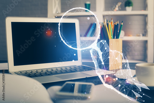 Desktop computer background in office and start up theme hologram drawing. Double exposure. Startup concept. © peshkova
