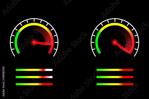 Speed meter with red gauge needle glowing in the dark.