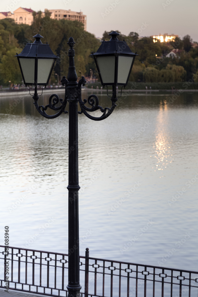 A darkened vintage style street light on the lake.