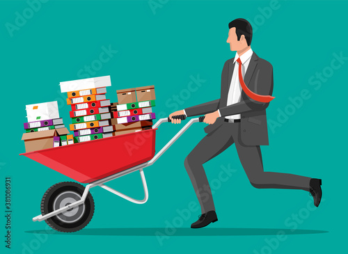 Stressed businessman and pile of office folders, documents in wheelbarrow. Overworked business man with stacks of papers. Stress at work. Bureaucracy, paperwork, big data. Flat vector illustration
