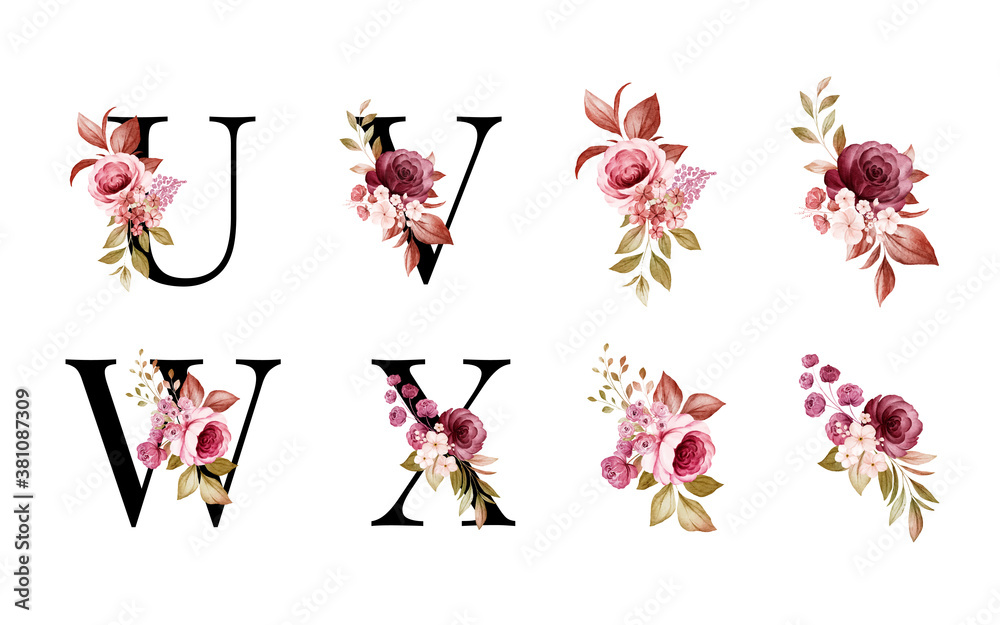 Vetor de Watercolor floral alphabet set of U, V, W, X with red and