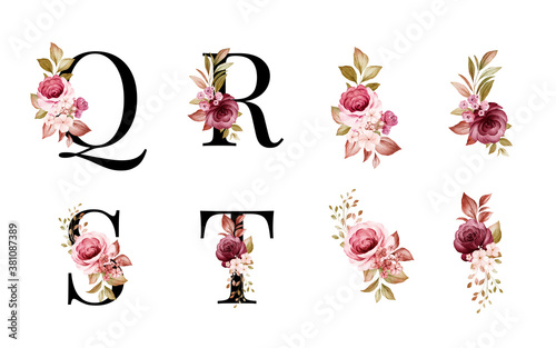 Watercolor floral alphabet set of Q, R, S, T with red and brown flowers and leaves. Flowers composition for logo, cards, branding, etc photo