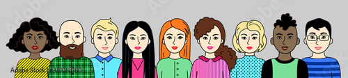 Group of people, men and women of different nations, skin and hair colors. Set of Asian, European, African cartoon simple portraits. Multiethnic society. Diversity. Avatars. Vector flat illustration.