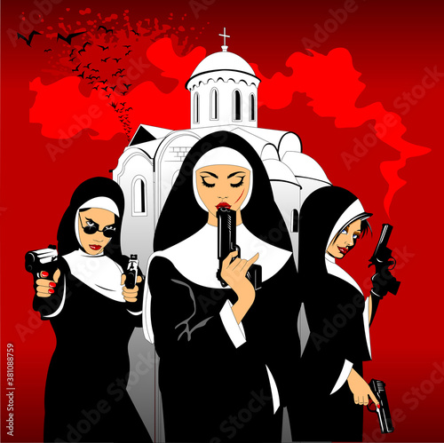 Three nuns with pistols at the entrance to the monastery