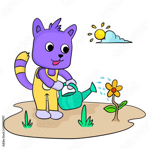 a cat is watering plant