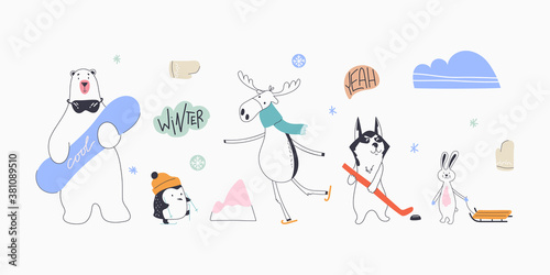 Cute animals hand drawing illustration vector. Polar bear, penguin, deer, husky, hare. Doodle vector illustration.