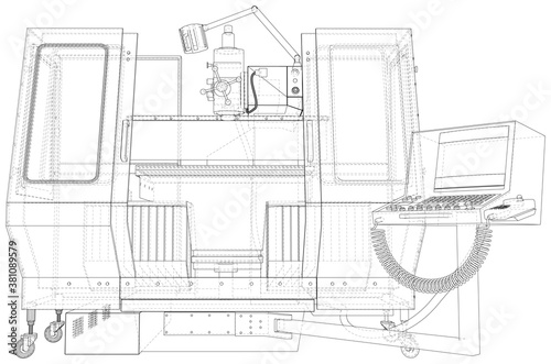 Industrial CNC machining. Milling machine. Wire-frame. The layers of visible and invisible lines are separated. EPS10 format.