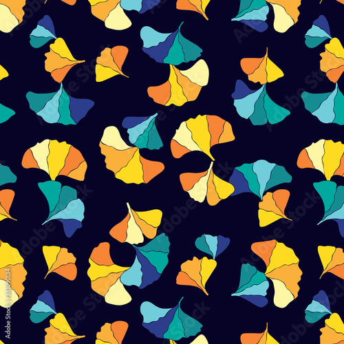 autumn leaves seamless pattern, ginkgo leaves background, dark background pattern.