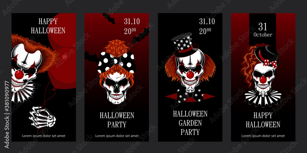 Set of halloween greeting cards featuring evil clowns. Templates for postcards, flyers, banners. Vector image of skulls of clowns.