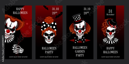 Set of halloween greeting cards featuring evil clowns. Templates for postcards, flyers, banners. Vector image of skulls of clowns.