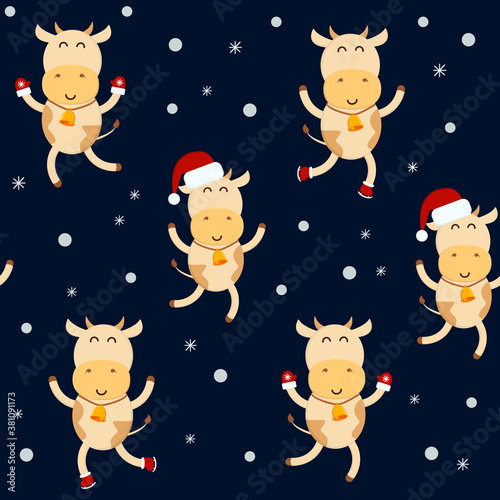 Vector seamless pattern with cute funny bulls in mittens, hat and ice skating. New year simbol. Print for fabric, textile design, wrapping paper